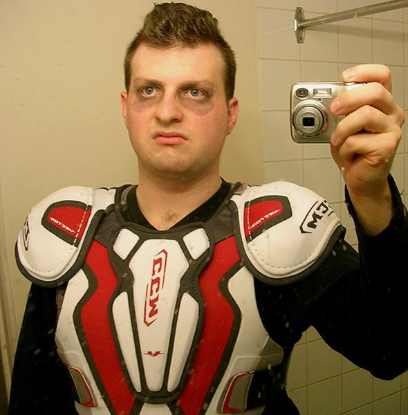 Proxy WIP. Sweet looking hockey pads with... a Mandalorian skull shape on the chest???